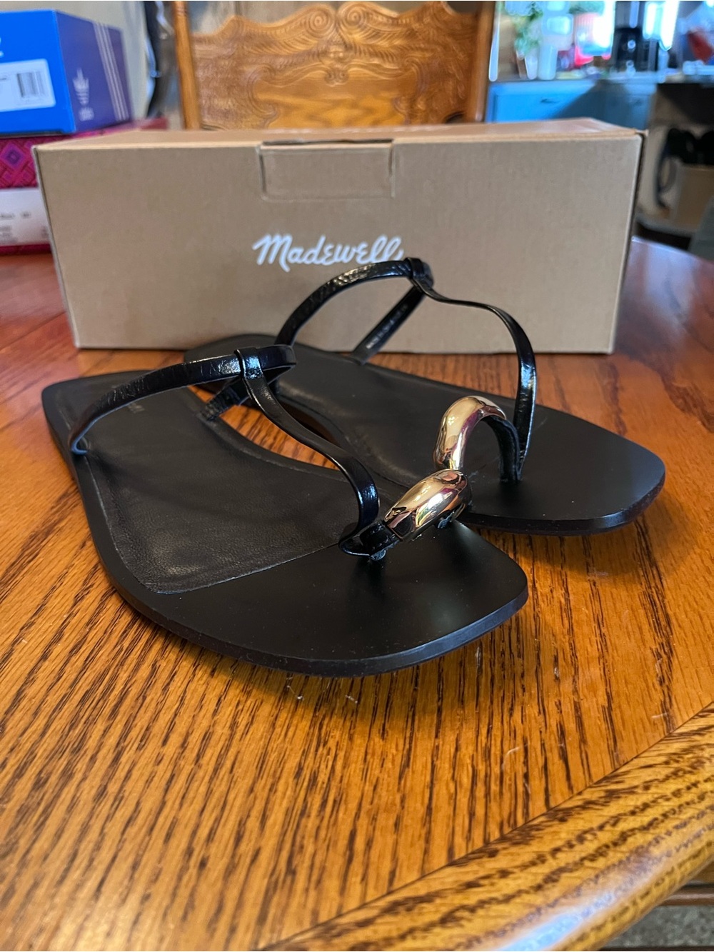 Madewell Black Patent Leather Thong Sandals with Gold-Tone Hardware